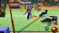 A screenshot of a battle, showing three characters standing in the middle of a road. The leftmost character – the player character – has summoned a humanoid "Stand", which is punching the other two characters.