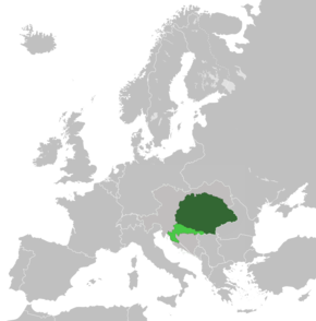 The Kingdom of Hungary (dark green) and Kingdom of Croatia-Slavonia (light green) within Austria-Hungary in 1914