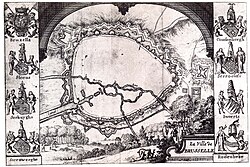 Les blasons des Sept Lignages de Bruxelles - Carte gravée par Harrewyn, 1697.jpg