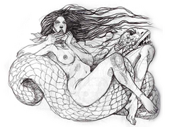 A grayscale illustration of Lilith, a naked woman with long, dark hair, leaning back on a sea creature while eating a raw fish.