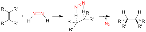 Mechanism of hydrogenation using diimide.