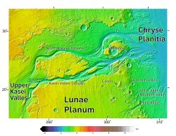 This color-coded elevation map was produced from data collected by Mars Global Surveyor. It shows an area around Northern Kasei Valles, showing relationships among Kasei Valles, Bahram Vallis, Vedra Vallis, Maumee Vallis, and Maja Valles. Map location is in Lunae Palus quadrangle and includes parts of Lunae Planum and Chryse Planitia.