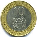 Face of coin showing figure 10 and the coat of arms of Kenya, surrounded by the words REPUBLIC OF KENYA, TEN SHILLINGS