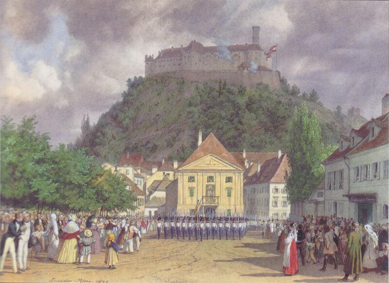 File:Leander Russ - Parade zur Begrüßung des Kaisers in Laibach - 1845.jpeg