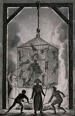 The burning of Louisa Mabree, the French midwife in a cage f Wellcome V0041811.jpg