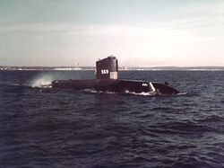 USS Albacore (AGSS-569) underway off Newport, Rhode Island (USA), on 11 March 1957 (80-G-K-22262).jpg