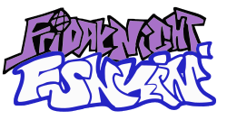 Graffiti-style text logo. The medium-light blue-magenta words "Friday Night" are outlined in off-black and situated directly above the very light gray word "Funkin'", outlined in a bluer shade of blue-magenta. The letter i in the word "Friday" resembles a microphone.