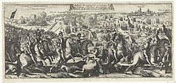 Ruitergevecht bij Arras, 1640 La defaicte des Espognols a L'attaque du Siege d'Arras l'Arrivee du Convoy et la Reddition de la ville d'Arras a l'Obeissance du Roy (titel op object), RP-P-OB-81.485.jpg