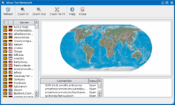 Screenshot of computer program showing computer locations on a world map.