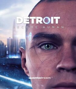 Close-up of a human-like android's face, with the skyline of Detroit in the background