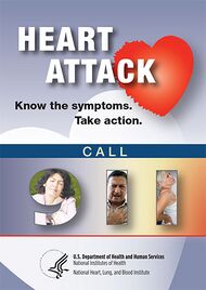 Information card writing: "Heart Attack: Know the Symptoms. Take Action. Call 911" and depicting people holding their chest in pain