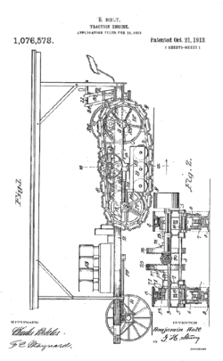 Simple, side-on drawing of a tractor similar to a Holt seventy-five, with the track arrangements drawn in greater detail.