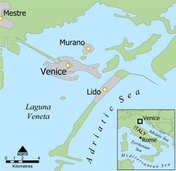 map of Venice, Murano, and Italy