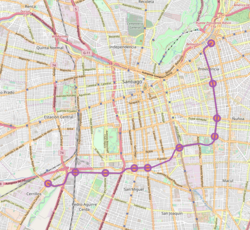 Map of Line 6. Runs east and then north around outskirts of central Santiago