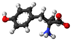 Ball-and-stick model of metirosine as a zwitterion