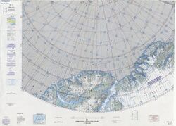 A polar navigational chart of far north Greenland and Canada north of 80 degrees latitude, with grid lines and color-coding of green and white based on elevation and ice cover.