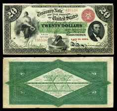 $20 interest-bearing note from 1864; "in god is our trust" appears on the bottom-right shield on the obverse side of the note.