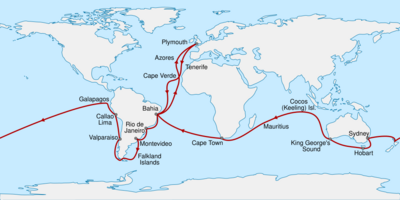 Route from Plymouth, England, south to Cape Verde then southwest across the Atlantic to Bahia, Brazil, south to Rio de Janeiro, Montevideo, the Falkland Islands, round the tip of South America then north to Valparaiso and Callao. North west to the Galapagos Islands before sailing west across the Pacific to New Zealand, Sydney, Hobart in Tasmania, and King George's Sound in Western Australia. Northwest to the Keeling Islands, southwest to Mauritius and Cape Town, then northwest to Bahia and northeast back to Plymouth.