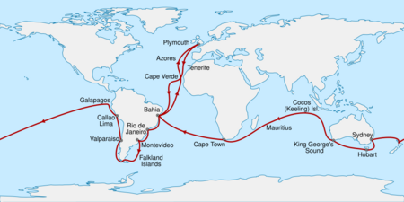 Route from Plymouth, England, south to Cape Verde then southwest across the Atlantic to Bahia, Brazil, south to Rio de Janeiro, Montevideo, the Falkland Islands, round the tip of South America then north to Valparaiso and Callao. Northwest to the Galapagos Islands before sailing west across the Pacific to New Zealand, Sydney, Hobart in Tasmania, and King George's Sound in Western Australia. Northwest to the Keeling Islands, southwest to Mauritius and Cape Town, then northwest to Bahia and northeast back to Plymouth.