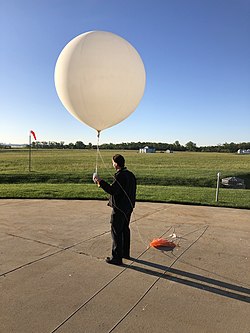 Photograph of a person holding a radiosonde attached to a weather balloon