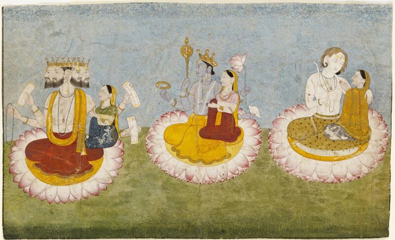 File:Brahma, Vishnu and Shiva seated on lotuses with their consorts, ca1770.jpg