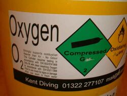The white adhesive plastic label displays the gas name, Oxygen, and the chemical symbol O2 with a block of small text on the left side describing the hazards of the contents, then a green diamond symbol for compressed gas and a yellow diamond for oxidising agent.