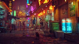A cat walks in a neon-lit city populated by robots; some are walking, some are standing and talking to each other, some are sitting. The city is lit with bright yellow, orange, purple, blue, and green. Reflections can be seen in small puddles on the ground.