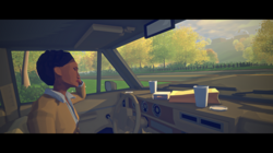 A view of Virginia's non-playable character Maria Halperin, sat in a car with a packed lunch arranged on the dashboard.