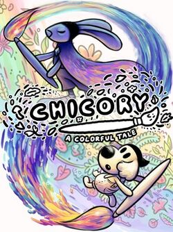 Chicory, a hare, and the player character, a dog, both wielding the Brush, with the game's logo.