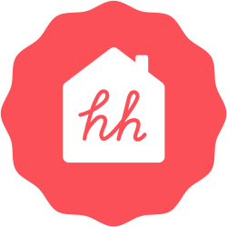 A red, radial geometric shape with a 2D white house in the centre bearing two red lowercase letters "hh"