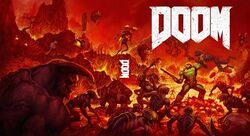 Doom's alternate cover, inspired by the original Doom's cover. The Doom Slayer is shown fighting a horde of demons in Hell atop a mound of their corpses, in a pond of magma