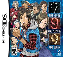 The game's cover art features nine stylized characters on a blue background, wearing wristwatch-like bracelets. In the foreground is Junpei, a man wearing a blue vest over a plaid shirt, and Akane, a woman wearing a purple dress. A vertical logo consisting of the text "Nine Hours, Nine Persons, Nine Doors" and three number "9"s within boxes is shown on the right.