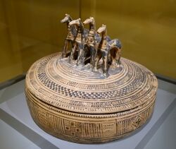 Pyxis with four horses, Greece, Attica, Geometric Period, 8th century BC, terracotta - Wadsworth Atheneum - Hartford, CT - DSC05138.jpg