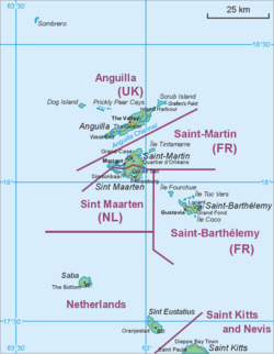 Map showing location of Saba relative to Sint Eustatius and Saint Martin.