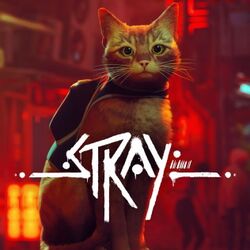 Cover art of a ginger cat looking towards the camera, with red lights in the background. In the lower half of the image, "Stray" is written in white spray-paint style.