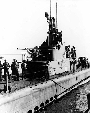 Officers and crew of Gabilan prepare to come ashore, probably at Brisbane, Australia, 1944.