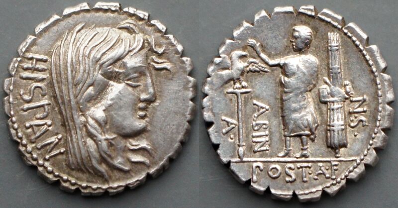File:2Postumia Denarius. A.POST A.F S.N ALBIN Hispania HISPAN, Togate figure fasces legionary eagle.jpg