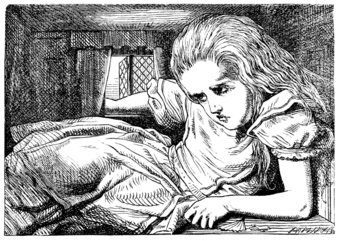 Illustration from Lewis Carroll's Alice's Adventures in Wonderland. Alice is positioned awkwardly with her weight supported partially by her left forearm, which rests on the floor and spans nearly half of the room's length. Her head is ducked beneath the low ceiling and her right arm reaches outside, resting on an open window's sill. The folds of Alice's dress occupy much of the remaining free space in the room.