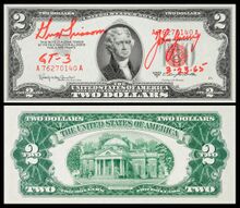 A 1953 $2-bill carried on the 1965 Gemini 3 mission and signed by Gus Grissom and John Young