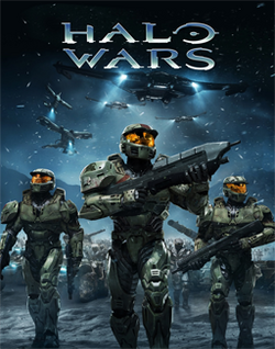 Three armor-clad soldiers carrying weapons march towards the foreground. Their faces are obscured by helmets with reflective orange visors. Behind the trio are more soldiers; overhead, curved aircraft fly through the sky. The decorative text "Halo Wars" floats above the scene.