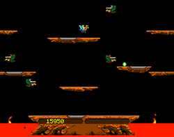 A horizontal rectangular video game screenshot that is a digital representation of a fictional lava world. A small yellow character on a blue ostrich flies around an area populated with floating brown platforms and red and grey knights green buzzards. At the bottom center is a large brown platform protruding from a pit of red lava. Within the platform is a set of yellow numbers.