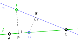 Two lines, six points on them, and two perpendicular segments from a point on one line to a point on the other, labeled as described in Kelly's proof