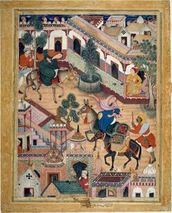 The Spy Zanbur Bringing Mahiyya to the City of Tawariq, Folio from a Hamzanama ca. 1570 (74x57.2 cm) Metmuseum N-Y.jpg