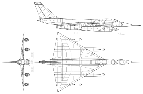 3-view line drawing of the Convair B-58 Hustler