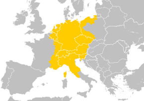 The Holy Roman Empire at its greatest territorial extent imposed over modern borders, c. 1200–1250