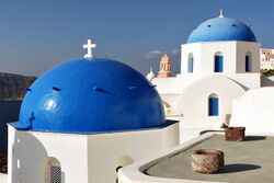Reknown blue domes of the Church dedicated to St. Spirou in Firostefani, Santorini island (Thira), Greece.jpg