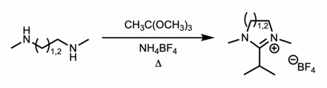 Diamines and orthoesters react in the presence of ammonium tetrafluoroborate to yield saturated NHC precursor salts.[9]