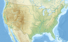 Relief map of the continental United States, with a point highlighted about halfway from the Gulf of Mexico to the Rocky Mountains.