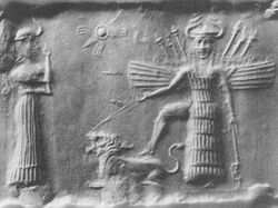Ancient Akkadian Cylindrical Seal Depicting Inanna and Ninshubur.jpg