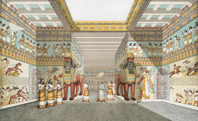File:Artist’s impression of a hall in an Assyrian palace from The Monuments of Nineveh by Sir Austen Henry Layard, 1853.jpg